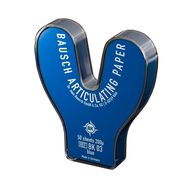 Bausch .008" (200 microns) Blue Horseshoe Shaped Articulating Paper 50 Sheets in Plastic Dispenser BK03