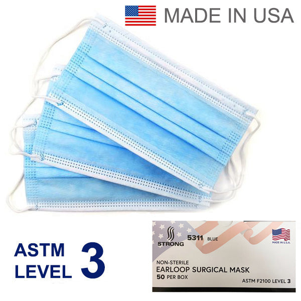 1 Day Handling Disposable Dental Medical Ear-Loop Face Masks ASTM Level 3 STRONG 5311 Made In USA