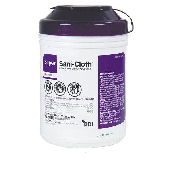 1 Day Handling Disinfectant PDI Super Sani-Cloth Plus Large Wipes 6" x 6.75" 160/Canister